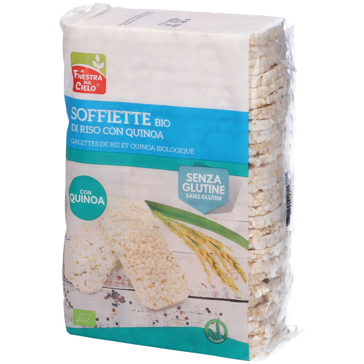 Confezione di gallette di riso. Scritta: Soffiette bio di riso con quinoa, senza glutine. Con marchio bio. Vista del prodotto.