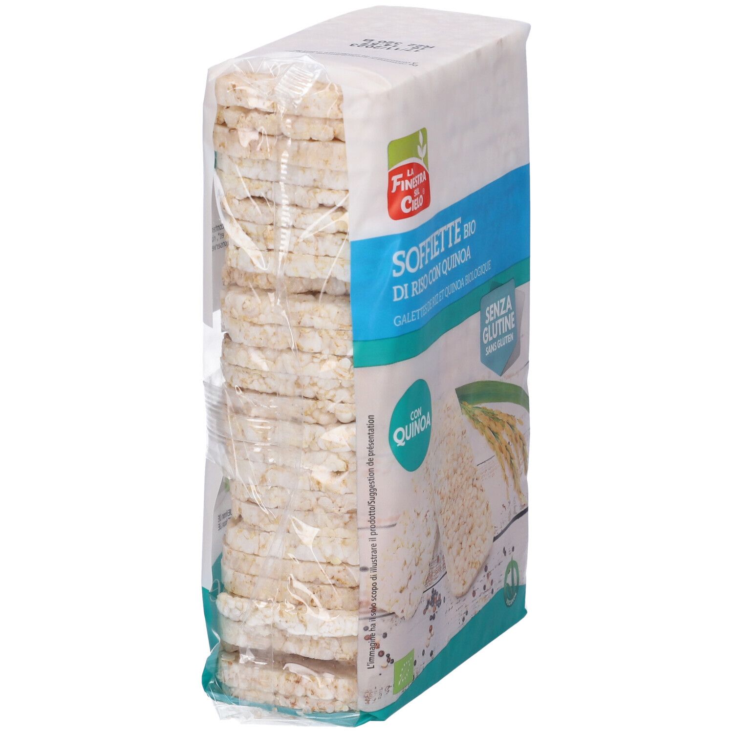 Confezione di gallette di riso. Scritta: Soffiette bio di riso con quinoa, senza glutine. Con marchio bio. Vista del prodotto.