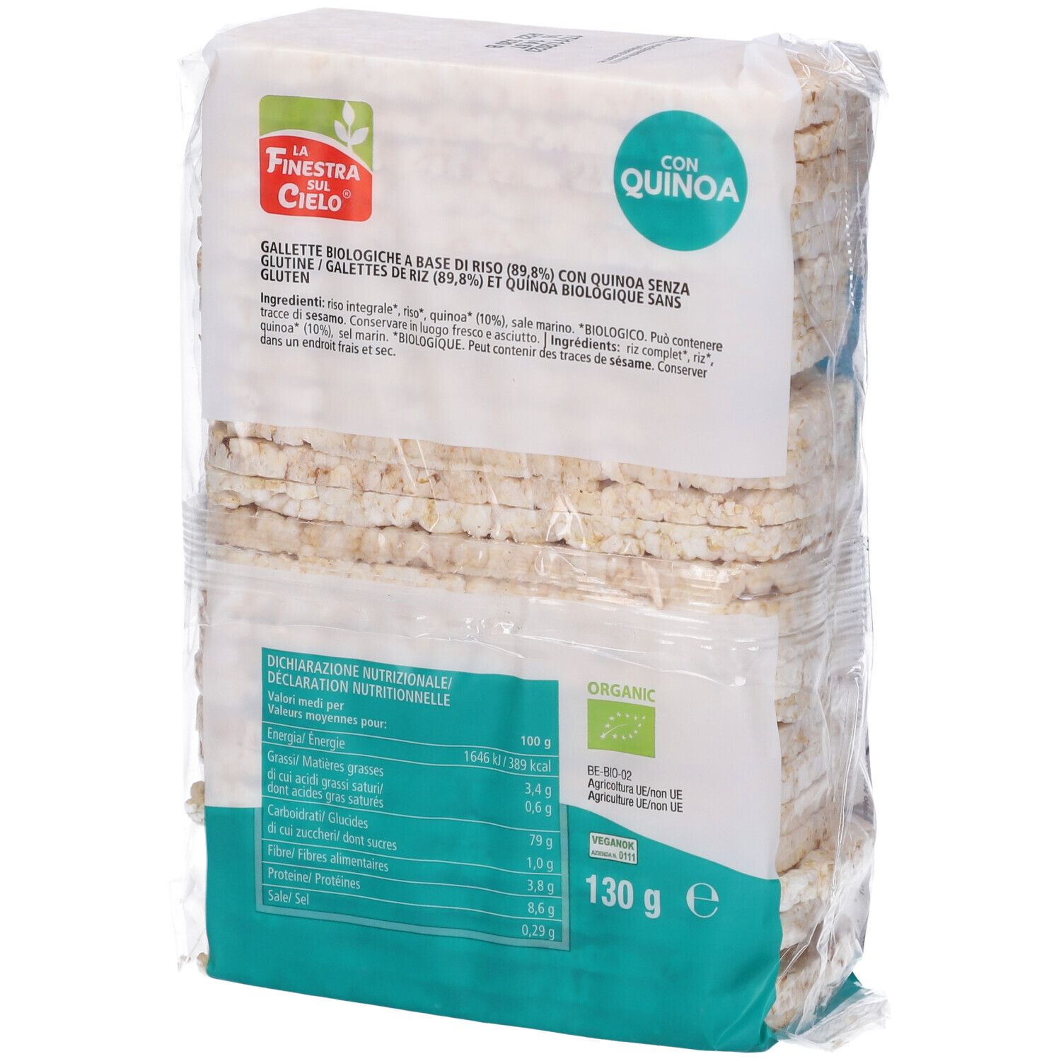 Confezione di gallette di riso. Scritta: Soffiette bio di riso con quinoa, senza glutine. Con marchio bio. Retro.