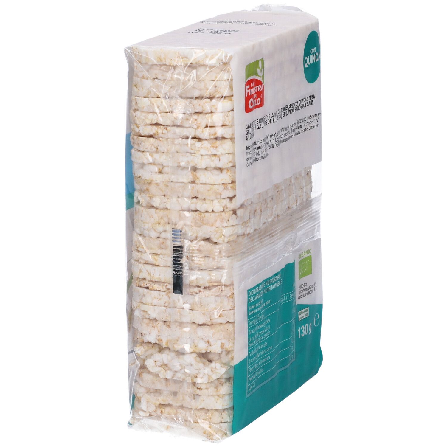 Confezione di gallette di riso. Scritta: Soffiette bio di riso con quinoa, senza glutine. Con marchio bio. Vista laterale.