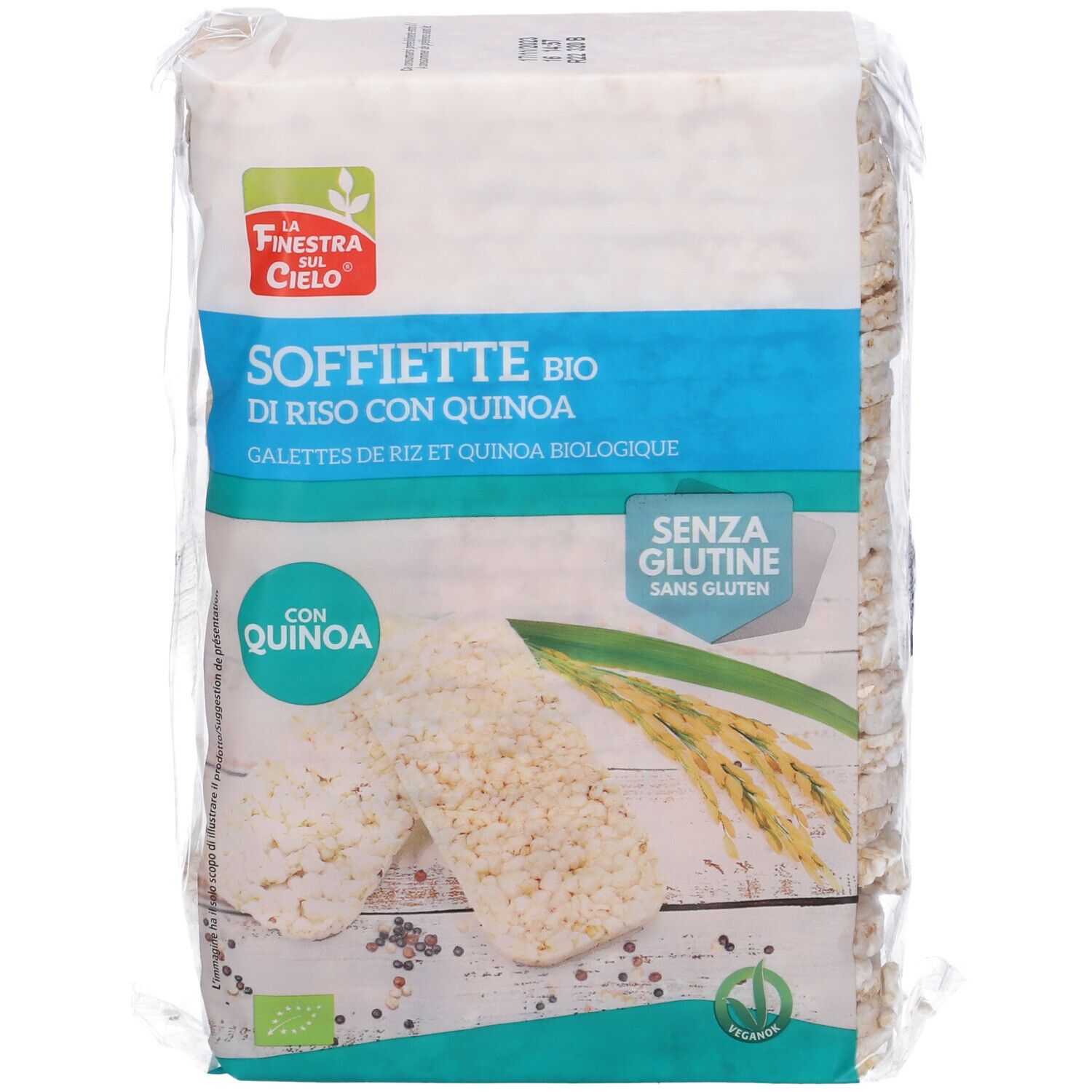Confezione di gallette di riso. Scritta: Soffiette bio di riso con quinoa, senza glutine. Con marchio bio. Vista del prodotto.