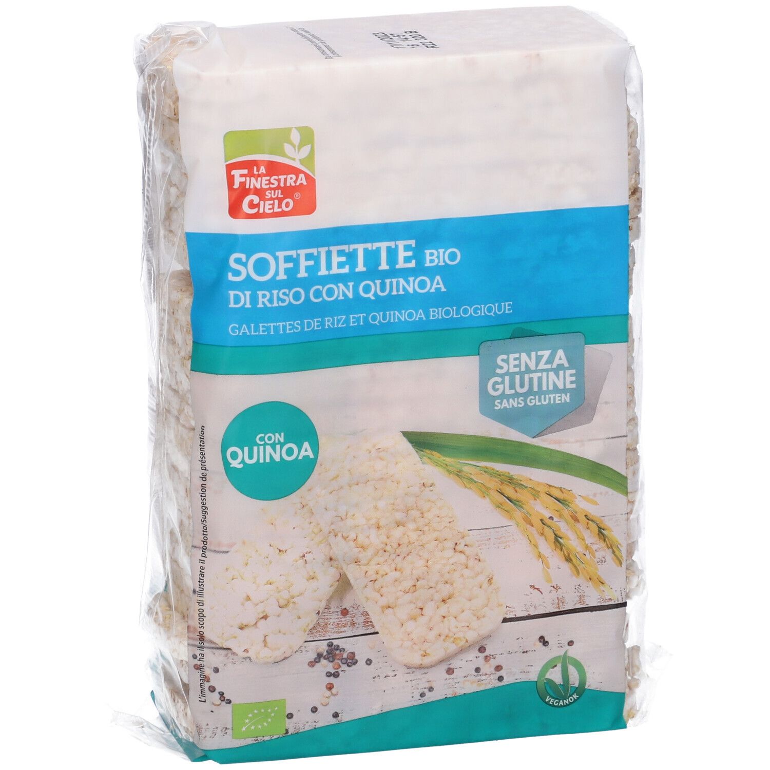 Confezione di gallette di riso. Scritta: Soffiette bio di riso con quinoa, senza glutine. Con marchio bio. Vista del prodotto.