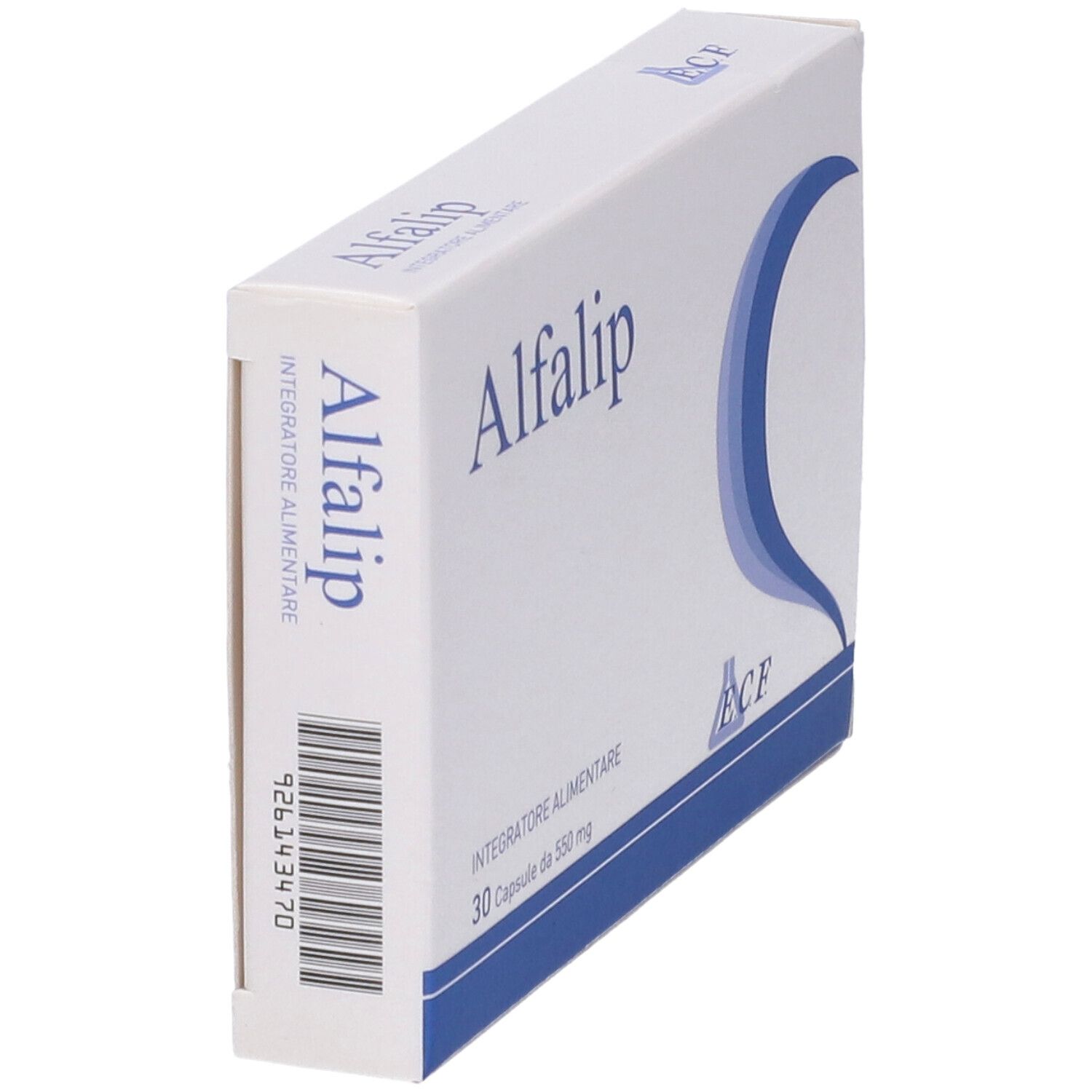Scatola Alfalip, bianca con scritta e motivo blu. Codice a barre e nome del prodotto sul lato.