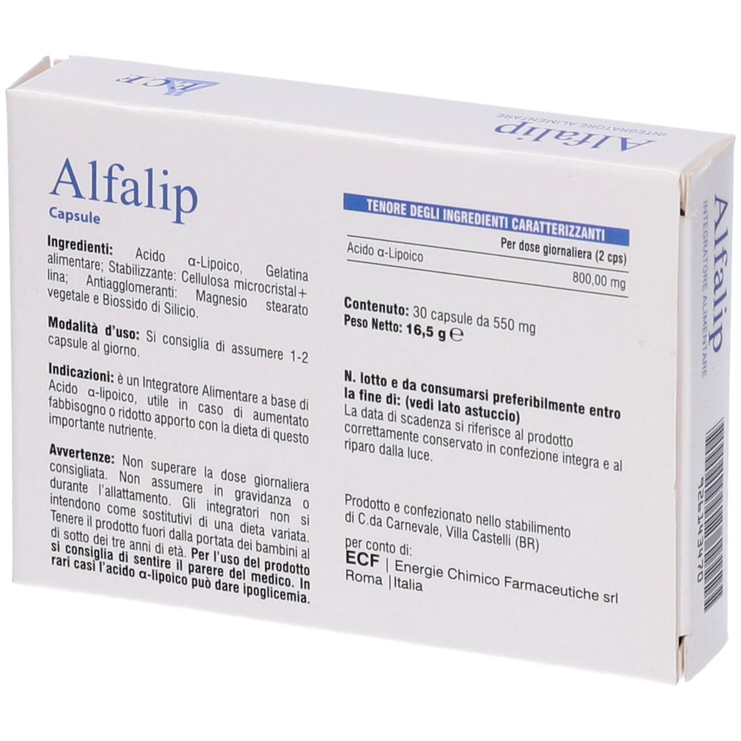 Scatola Alfalip bianca, retro con informazioni e ingredienti. Contiene 30 capsule.