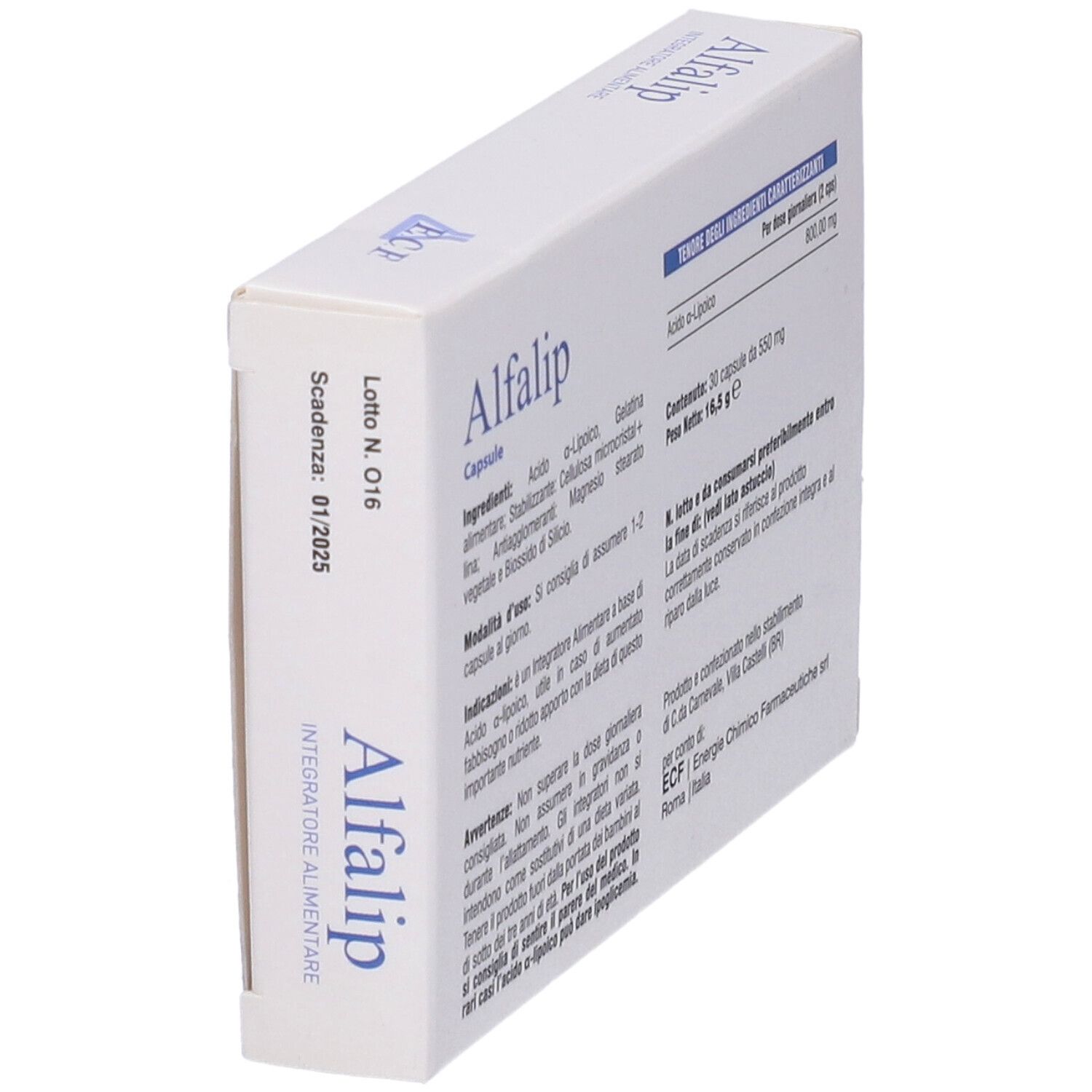 Scatola Alfalip bianca, retro con informazioni e data di scadenza. Contiene 30 capsule.