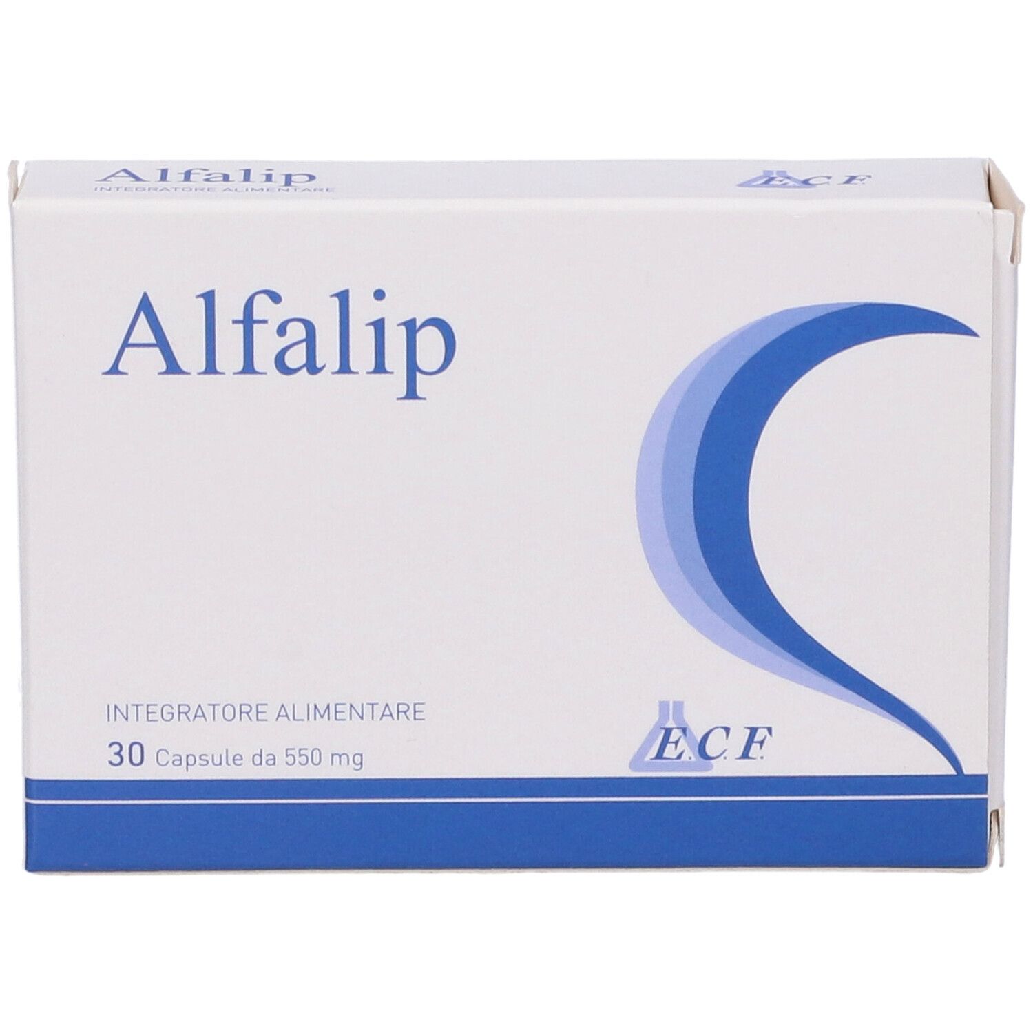 Scatola bianca con motivo a onda blu e scritta Alfalip. Contiene 30 capsule.