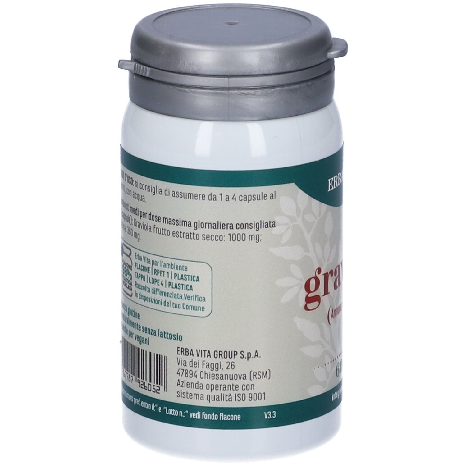 Flacone bianco, tappo grigio. Scritta: Erba Vita. Retro con testo e codice a barre. ISO 9001.