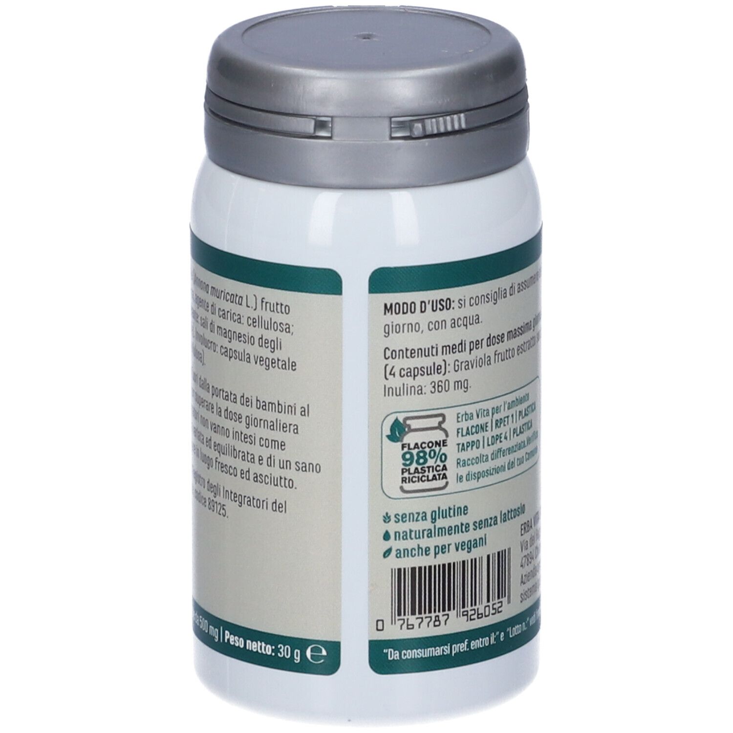 Flacone bianco, tappo grigio. Scritta: Erba Vita. Testo con ingredienti e istruzioni per l'uso.