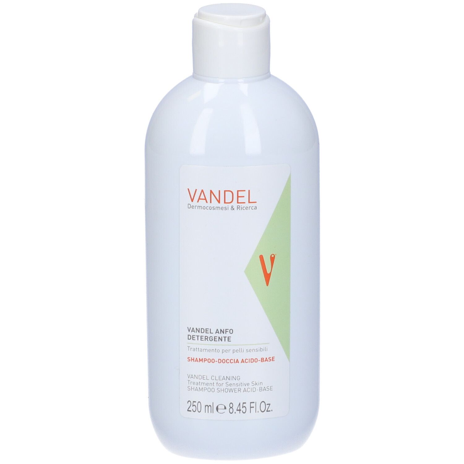 Flacone bianco con tappo bianco. Scritta: Vandel Anfo Detergente, 250 ml. Logo verde-arancio.