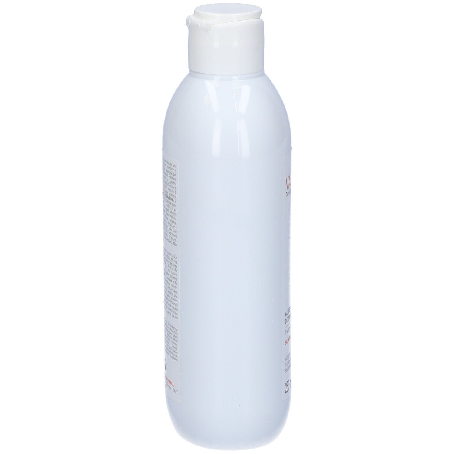 Flacone bianco con tappo bianco. Scritta e testo sul flacone. Logo verde-arancio.