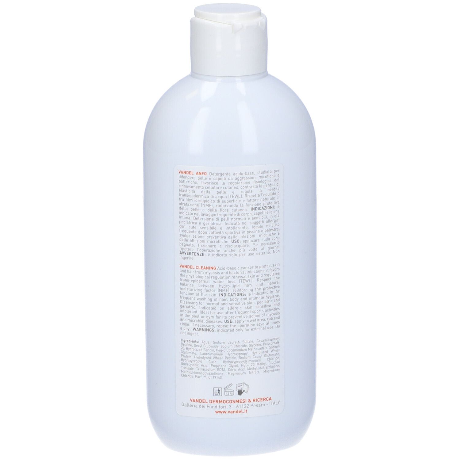 Flacone bianco con tappo bianco. Scritta e testo sul flacone. Logo verde-arancio.