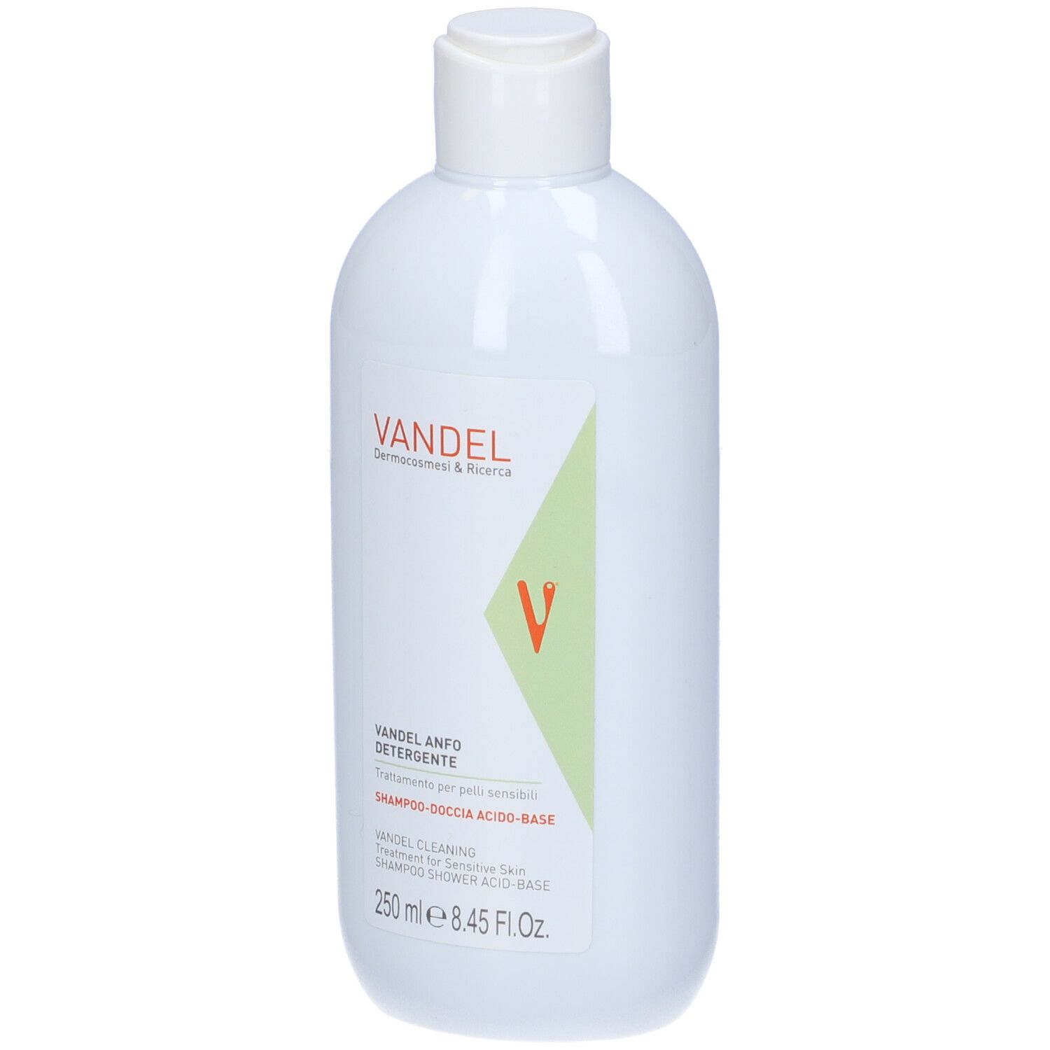 Flacone bianco con tappo bianco. Scritta: Vandel Anfo Detergente, 250 ml. Logo verde-arancio.