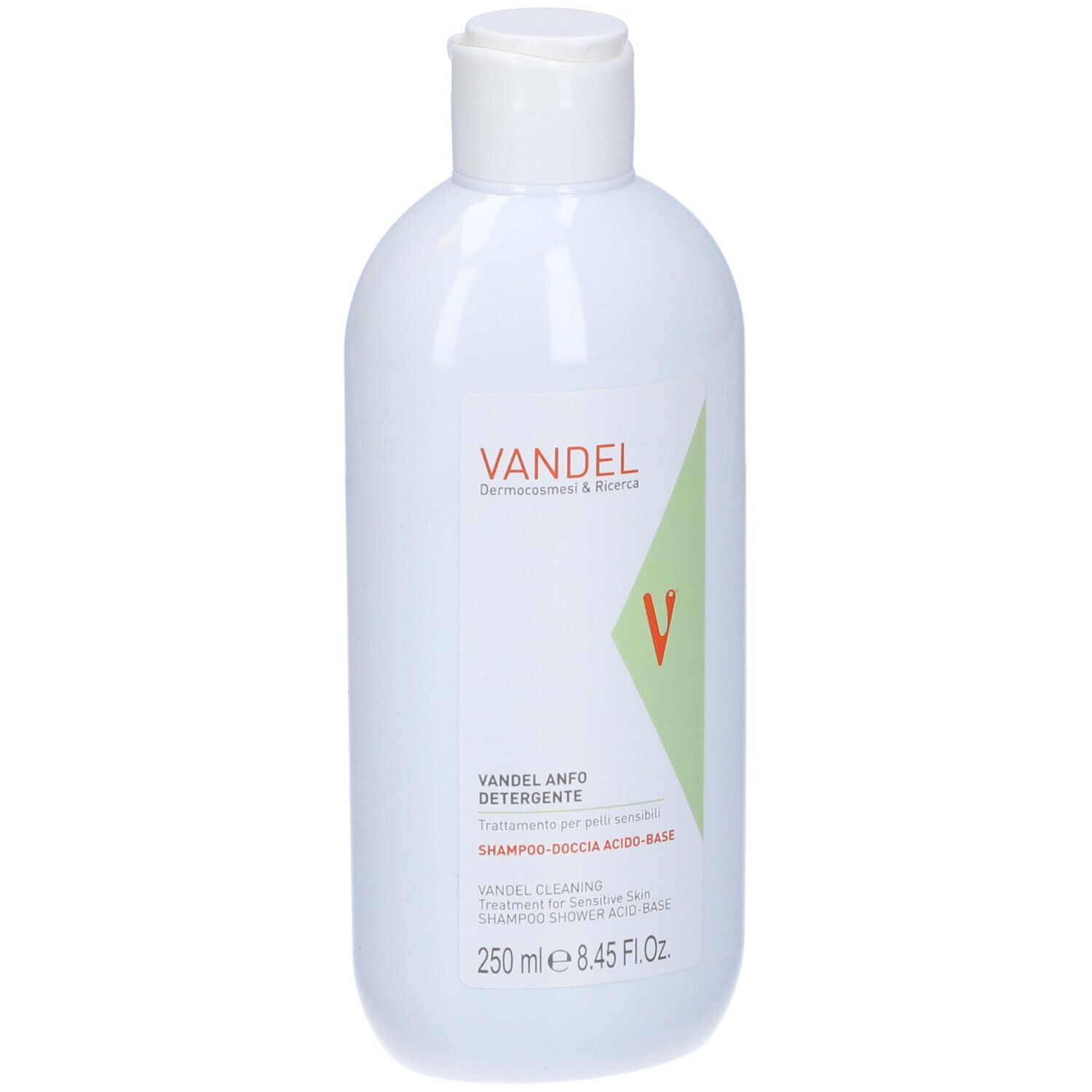 Flacone bianco con tappo bianco. Scritta: Vandel Anfo Detergente, 250 ml. Logo verde-arancio.