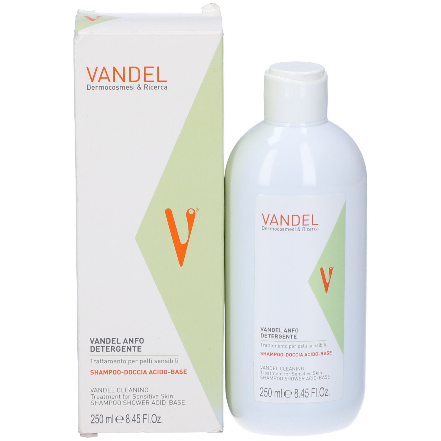 Flacone bianco con tappo bianco. Scritta: Vandel Anfo Detergente, 250 ml. Logo verde-arancio.