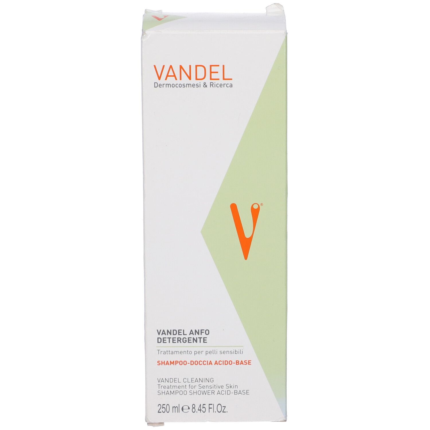 Scatola e flacone bianco con tappo bianco. Scritta: Vandel Anfo Detergente, 250 ml. Logo verde-arancio.