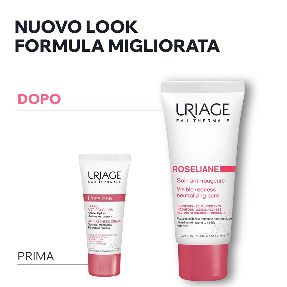 Confronto: Prima-Dopo. Tubo piccolo accanto a tubo grande. Crema URIAGE ROSÉLIANE.