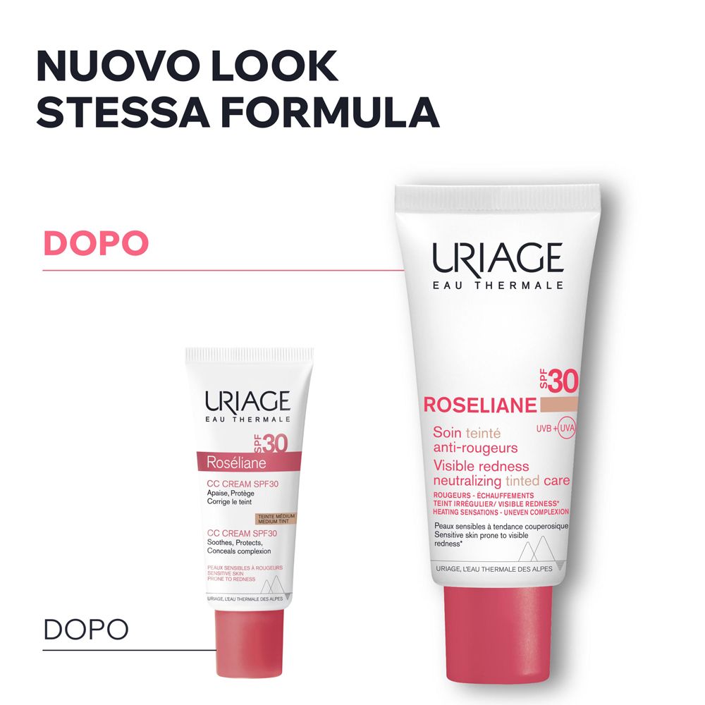 Confronto prima-dopo. Sinistra: vecchio tubo. Destra: nuovo tubo. Entrambi: Uriage Roséliane CC Cream SPF30.