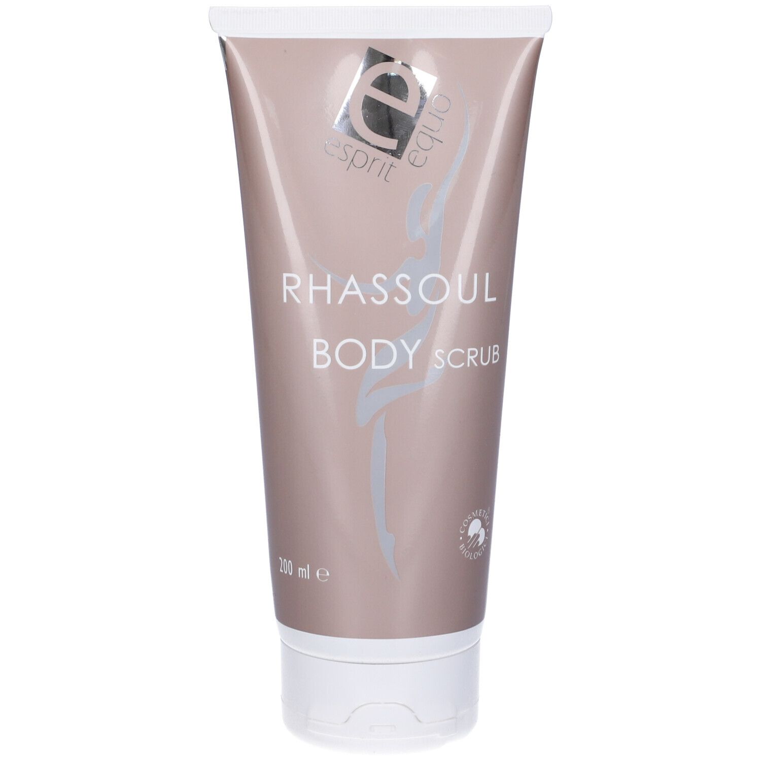 Confezione del prodotto, tubo con scritta Rhassoul Body Scrub. Marchio Esprit, logo e testo. Colore beige-marrone.