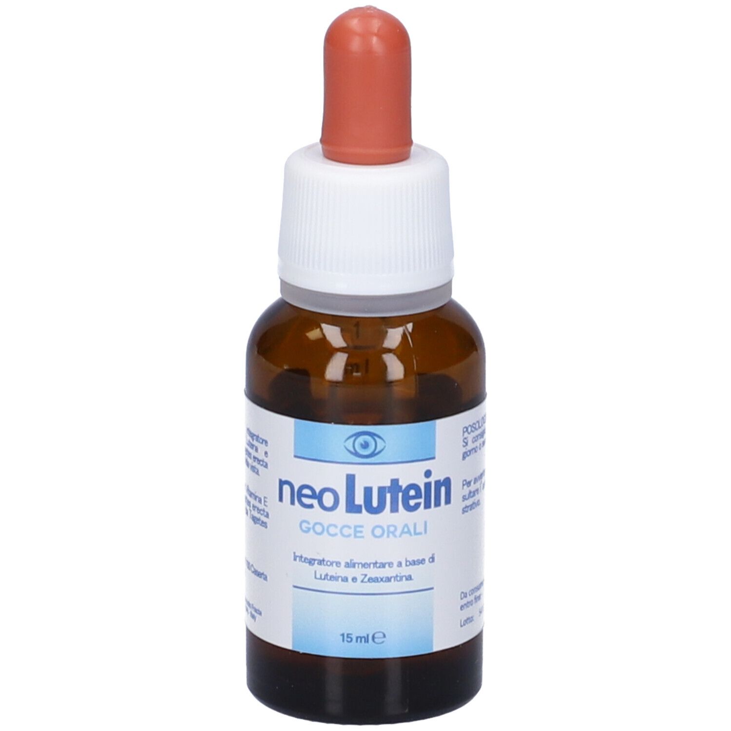 Flacone di vetro marrone con contagocce, nome prodotto neoLutein, 15 ml.