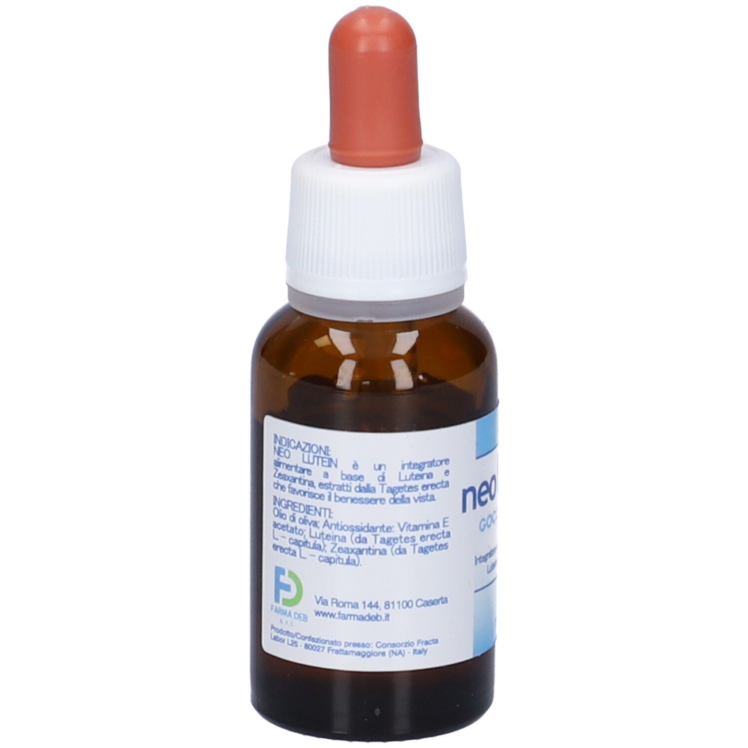 Flacone di vetro marrone con contagocce, nome prodotto neoLutein, 15 ml.