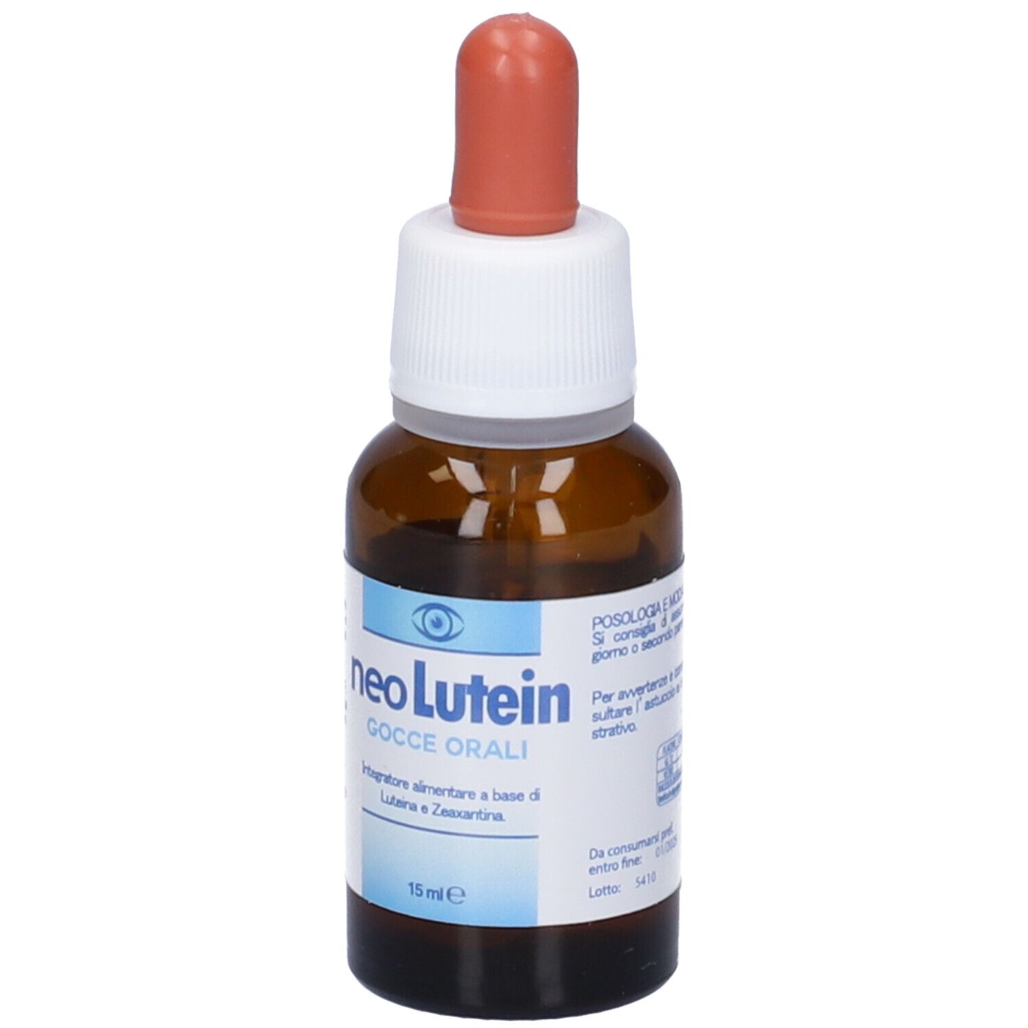 Flacone di vetro marrone con contagocce, nome prodotto neoLutein, 15 ml.