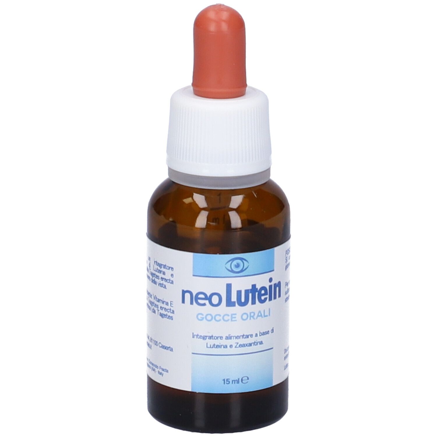 Flacone di vetro marrone con contagocce, nome prodotto neoLutein, 15 ml.
