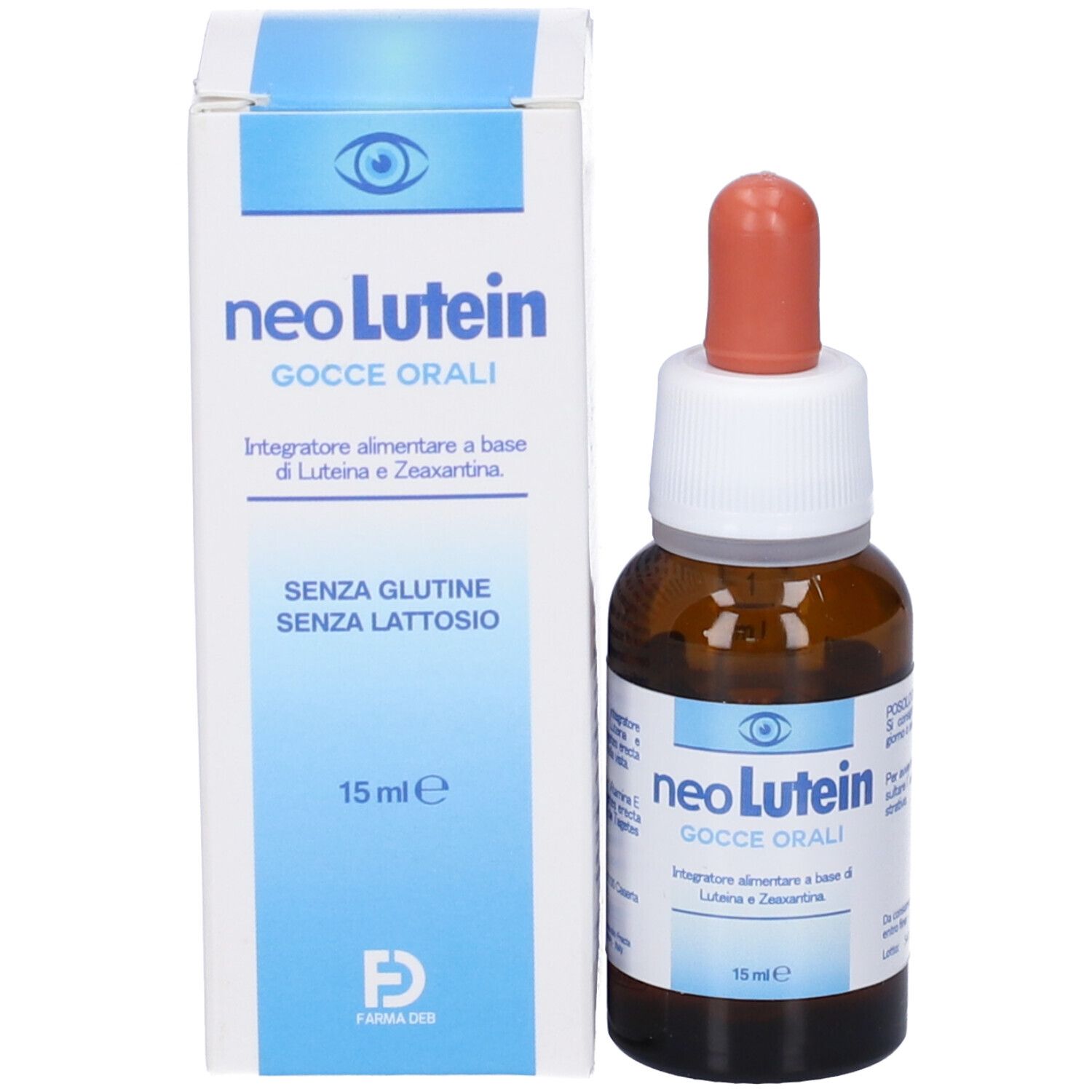 Flacone e scatola del prodotto, neoLutein, 15 ml, senza glutine e lattosio.