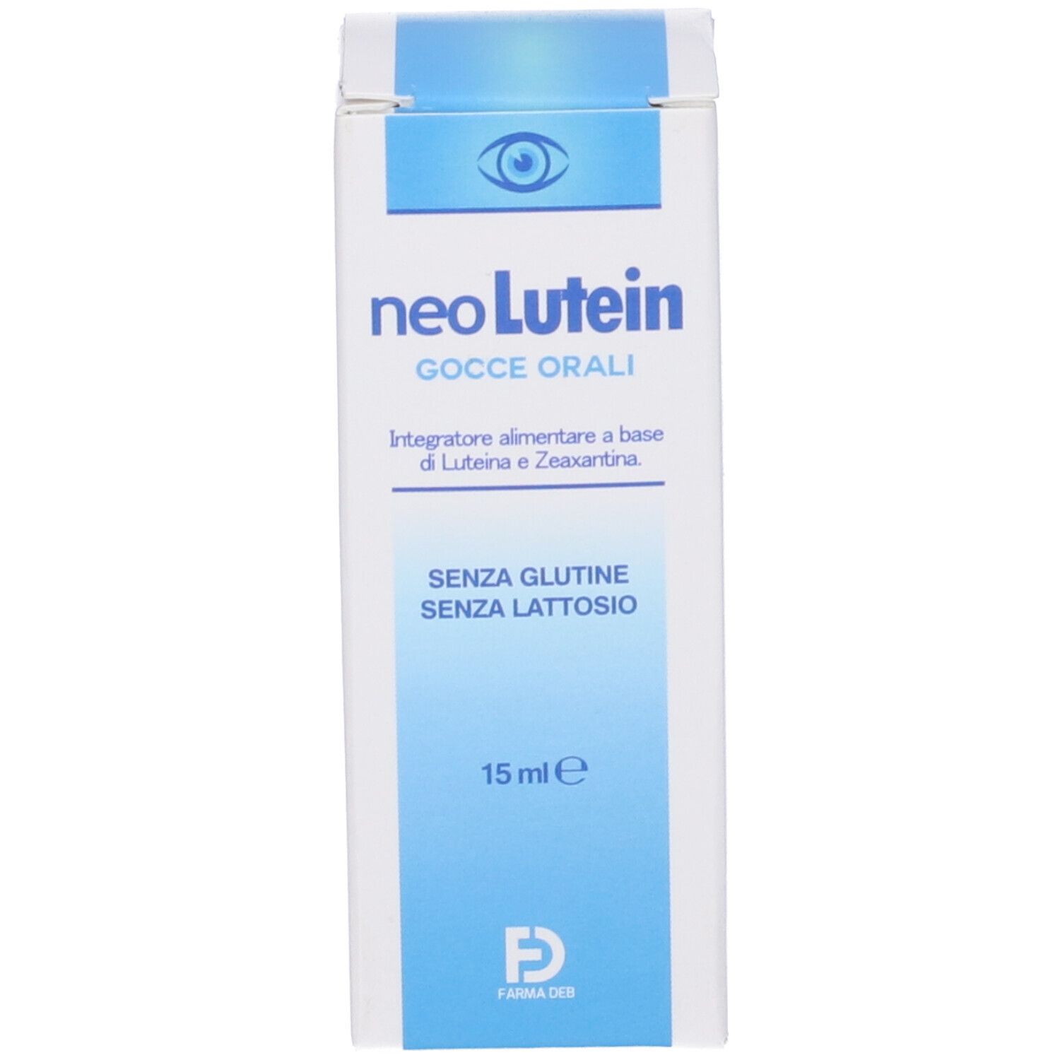 Confezione del prodotto, neoLutein, 15 ml, senza glutine e lattosio.