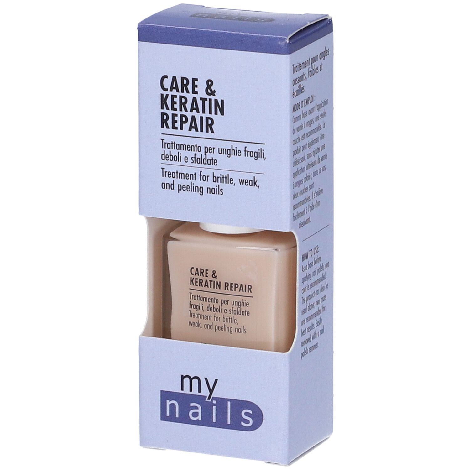 Scatola con flacone di smalto. Scritta: Care & Keratin Repair. Per unghie fragili. Marchio: my nails.