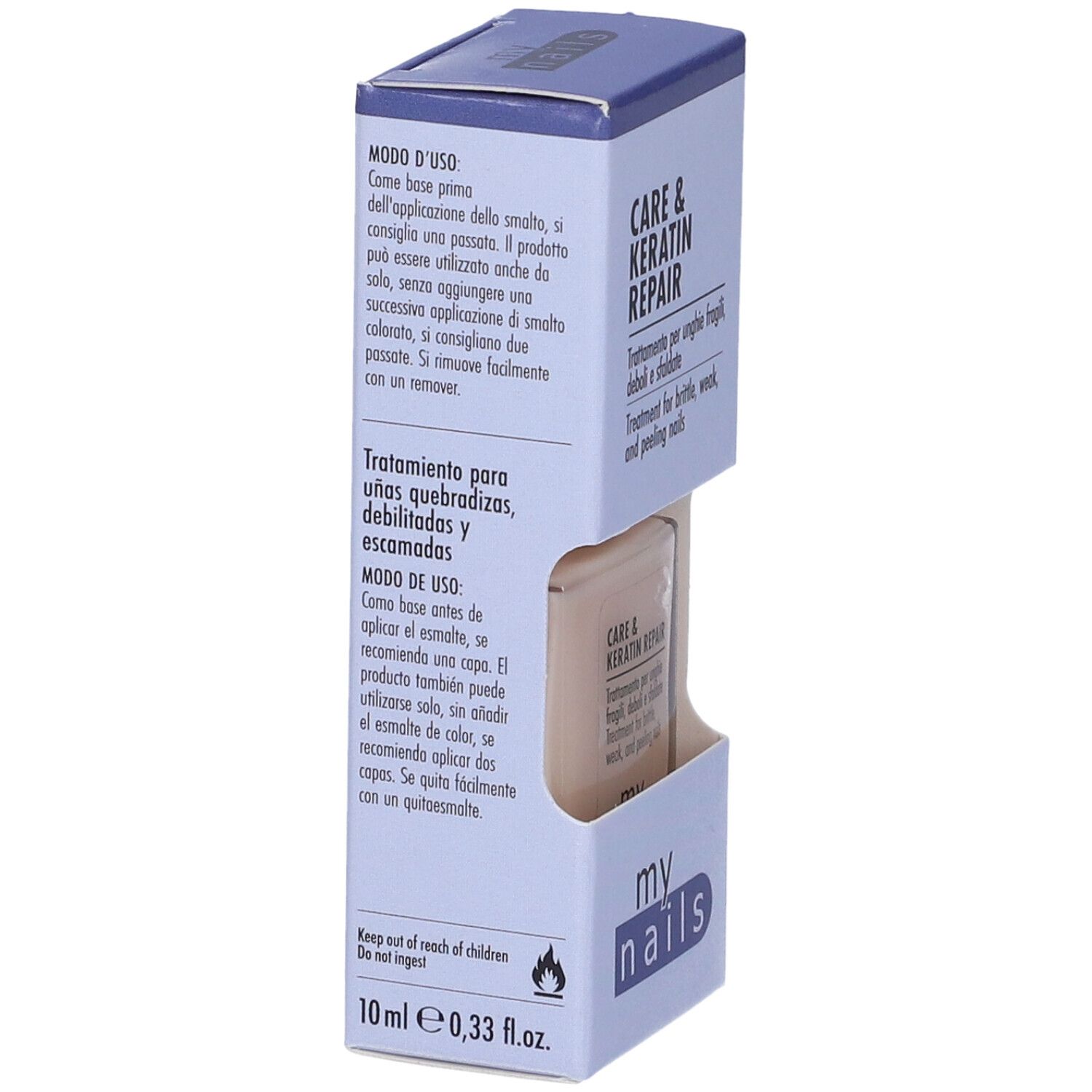 Scatola con flacone di smalto. Scritta: Care & Keratin Repair. Per unghie fragili. Marchio: my nails.