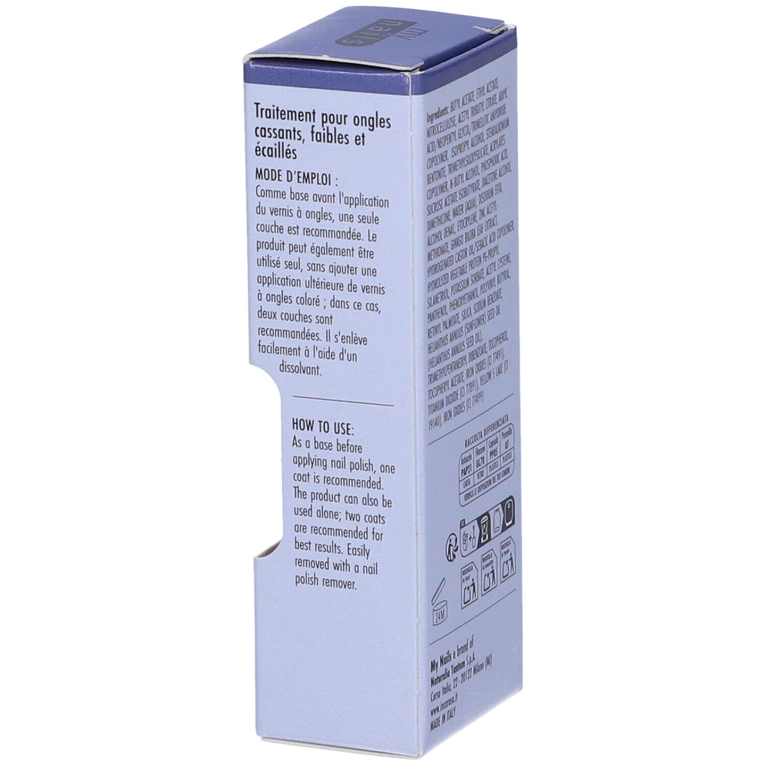 Lato della confezione con istruzioni per l'uso. Marchio: my nails. Volume: 10 ml.