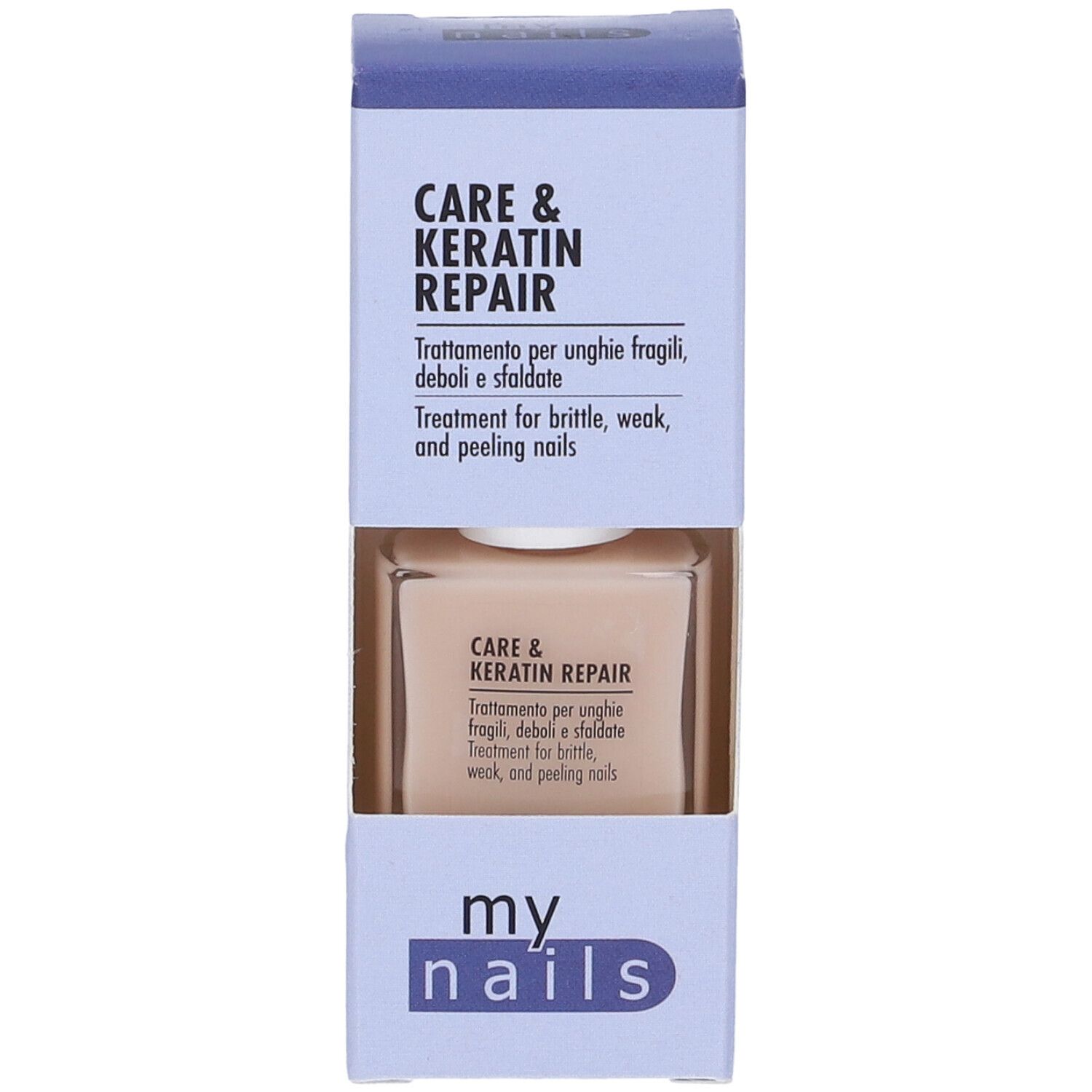 Scatola con flacone di smalto. Scritta: Care & Keratin Repair. Per unghie fragili. Marchio: my nails.