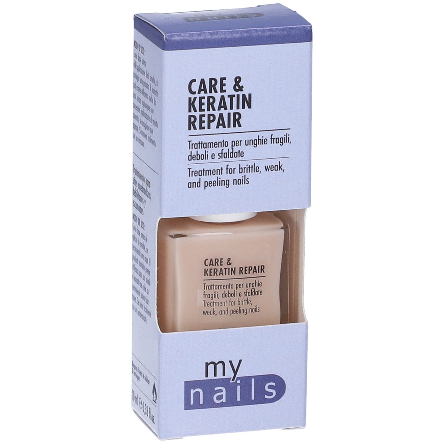 Scatola con flacone di smalto. Scritta: Care & Keratin Repair. Per unghie fragili. Marchio: my nails.