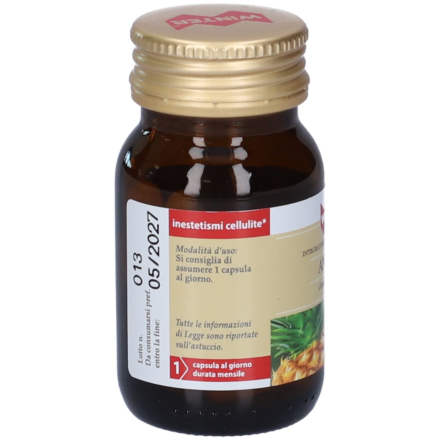 Flacone marrone, tappo dorato. Etichetta con testo e scadenza 05/2027. Istruzioni per l'uso.