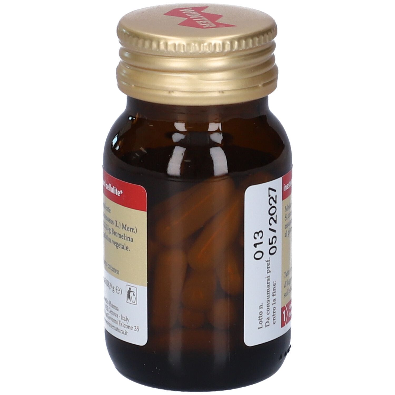 Flacone marrone, tappo dorato. Capsule visibili. Etichetta con testo e scadenza 05/2027.