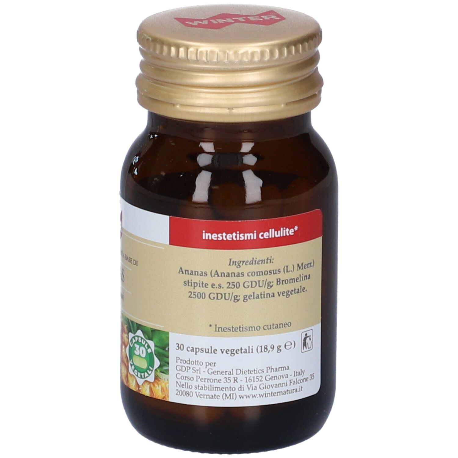 Flacone marrone, tappo dorato. Etichetta con ingredienti e testo. 30 capsule.