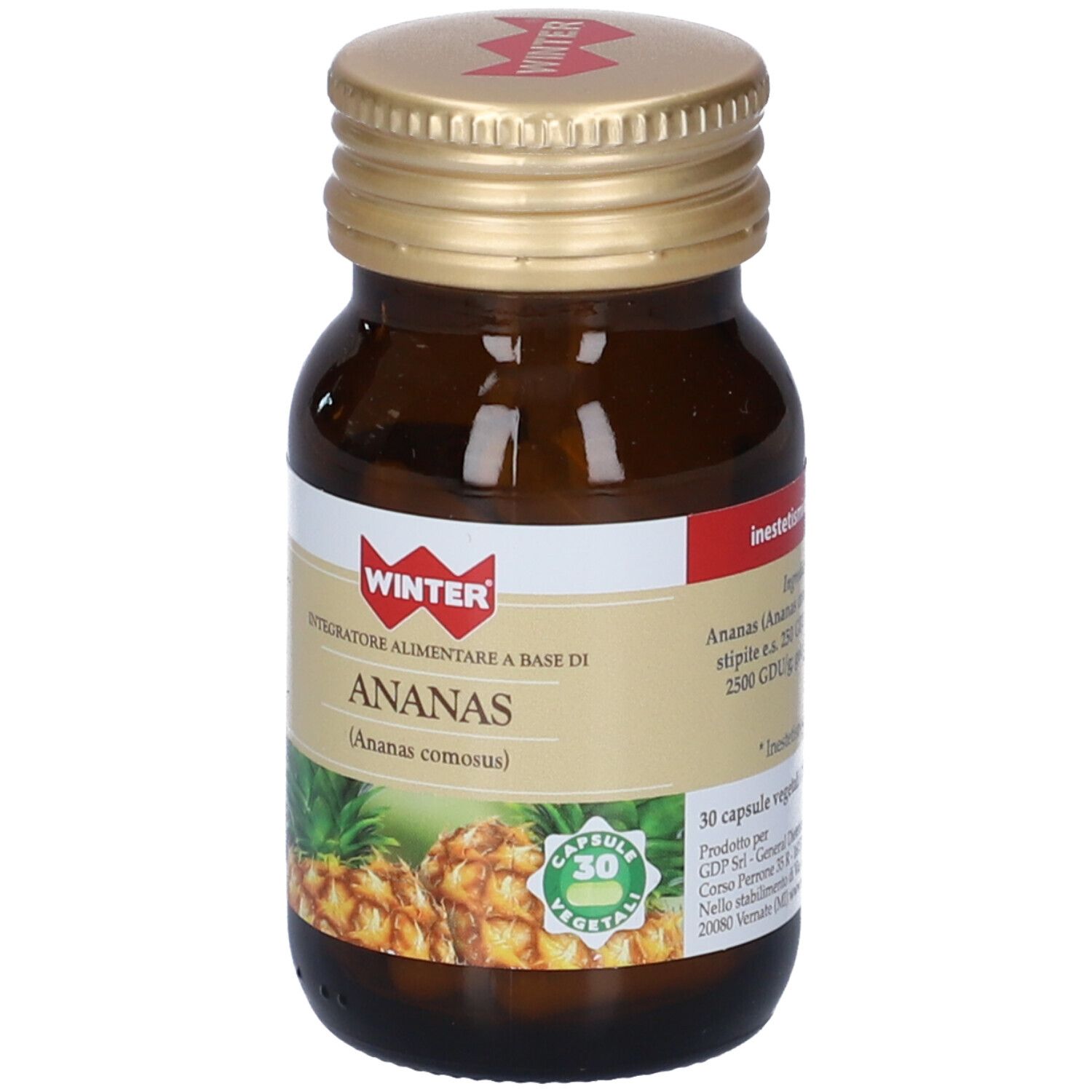 Flacone marrone, tappo dorato. Etichetta ANANAS, immagine ananas. 30 capsule.