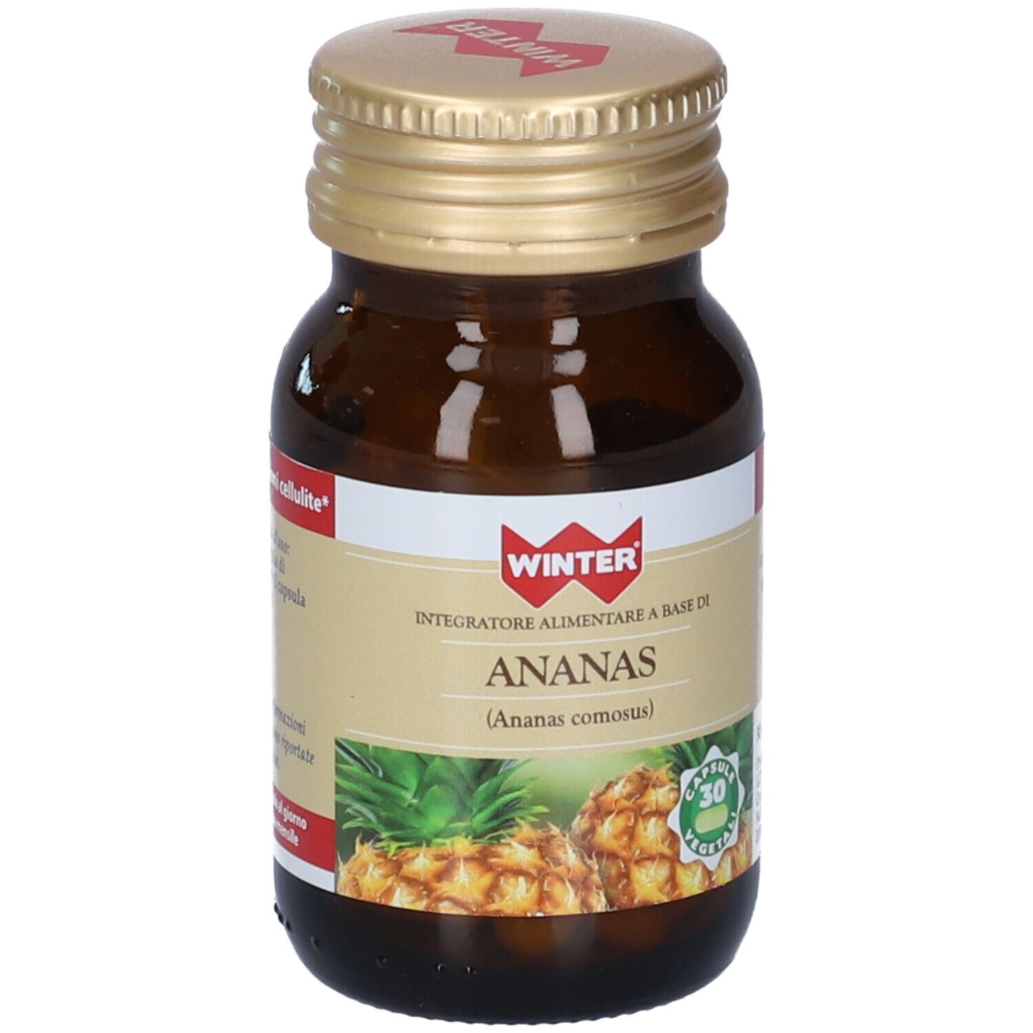 Flacone marrone, tappo dorato. Etichetta ANANAS, immagine ananas. 30 capsule.