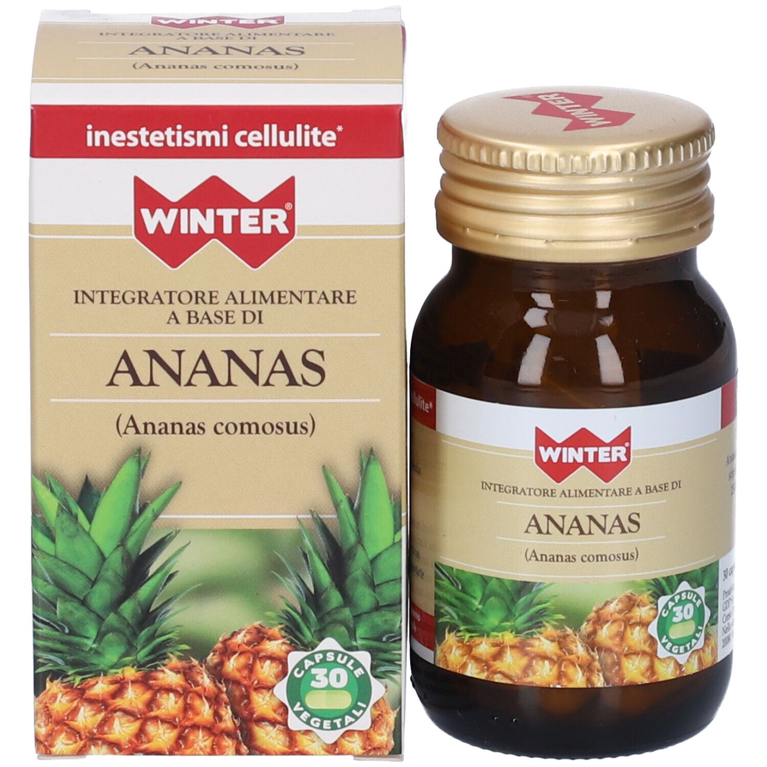 Flacone e confezione. Flacone marrone, tappo dorato. Scatola con ANANAS e immagine ananas.