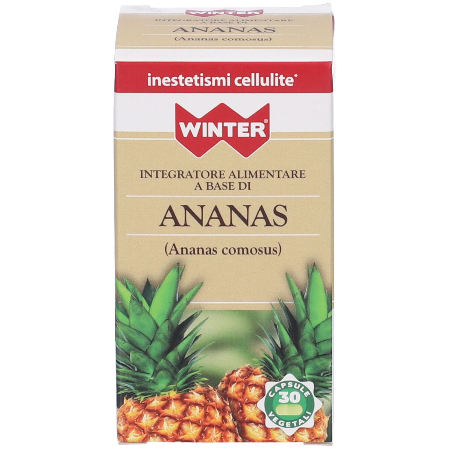 Confezione del prodotto. Scatola con ANANAS e immagine ananas. 30 capsule.