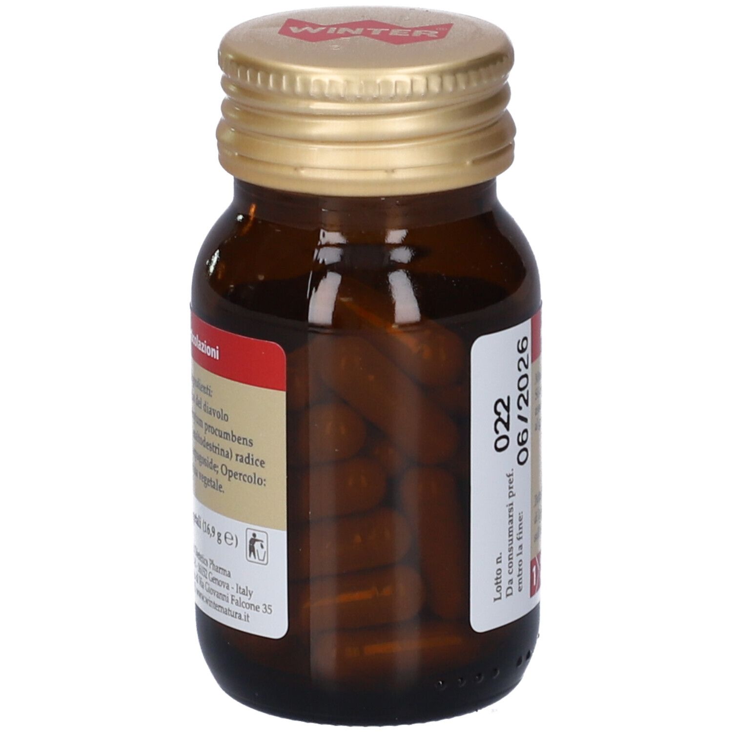 Flacone di vetro marrone con tappo dorato. Capsule visibili. Etichetta con 06/2026.