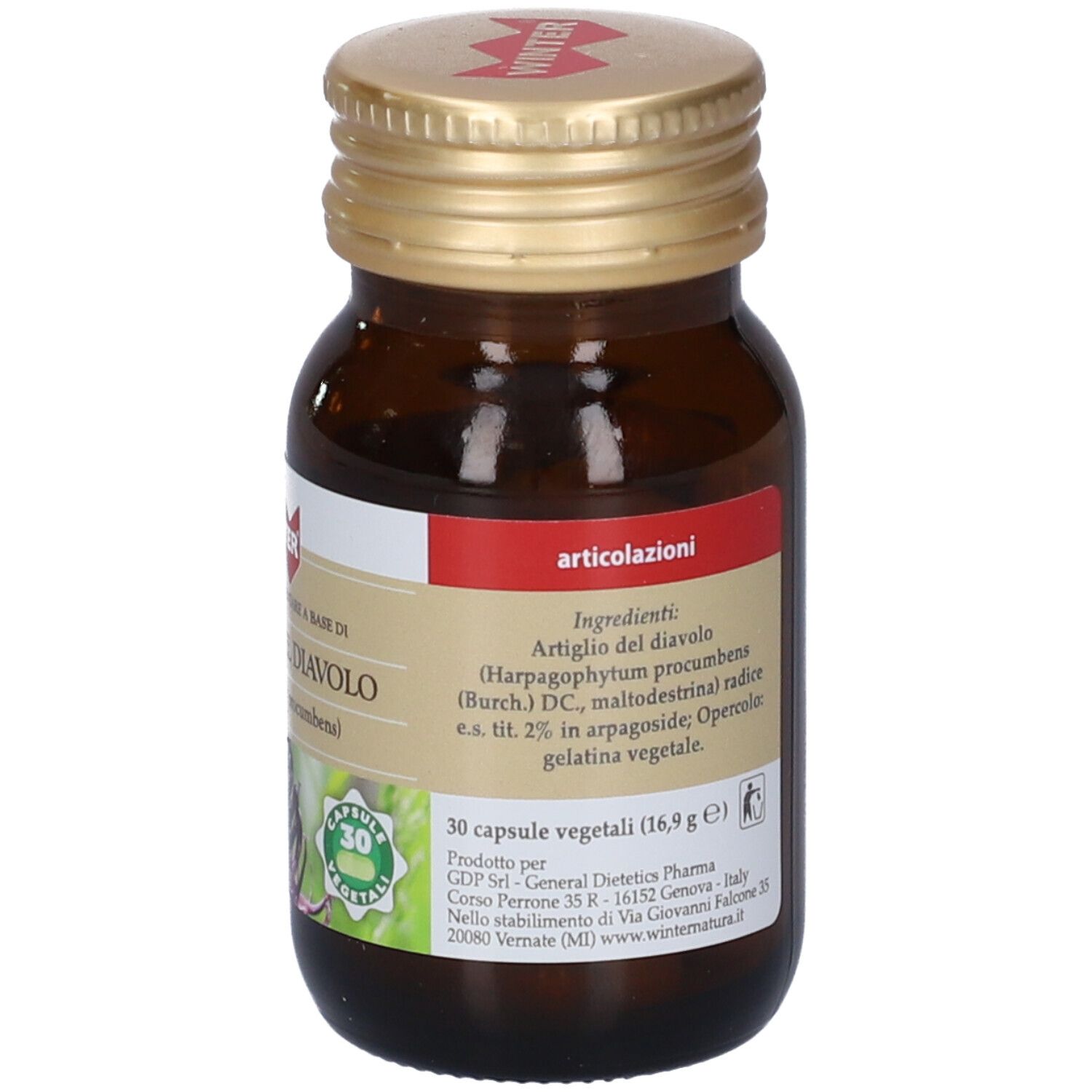 Flacone di vetro marrone con tappo dorato. Etichetta con ingredienti e 30 capsule.