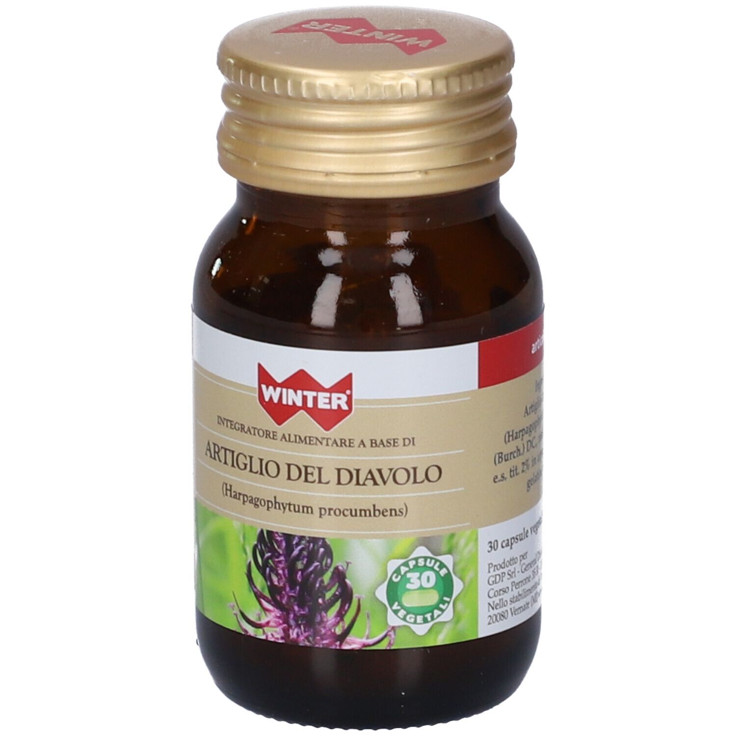 Flacone di vetro marrone con tappo dorato. Etichetta WINTER, ARTIGLIO DEL DIAVOLO, 30 capsule.
