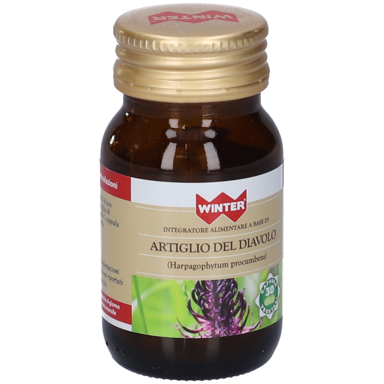 Flacone di vetro marrone con tappo dorato. Etichetta WINTER, ARTIGLIO DEL DIAVOLO, 30 capsule.