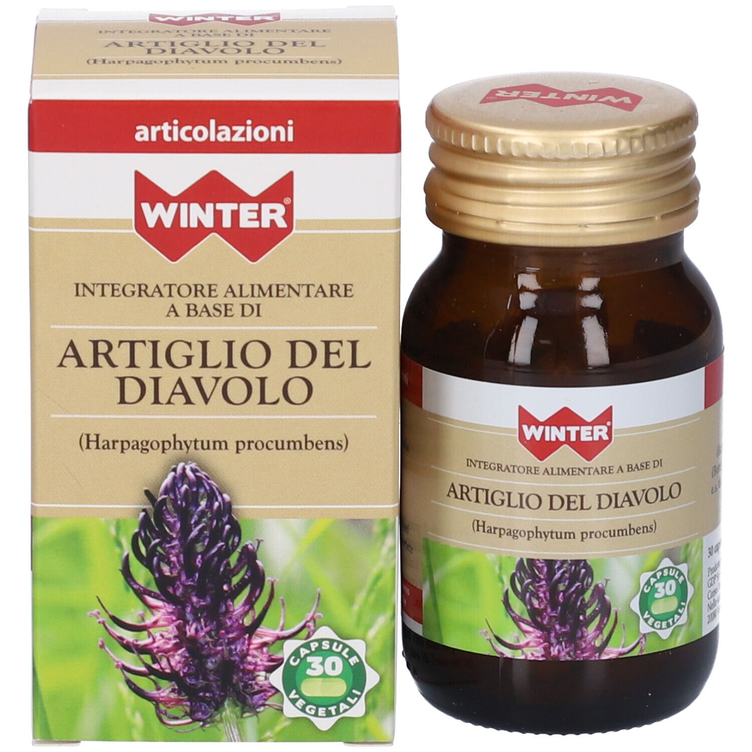 Flacone di vetro marrone e scatola. Etichetta WINTER, ARTIGLIO DEL DIAVOLO, 30 capsule.