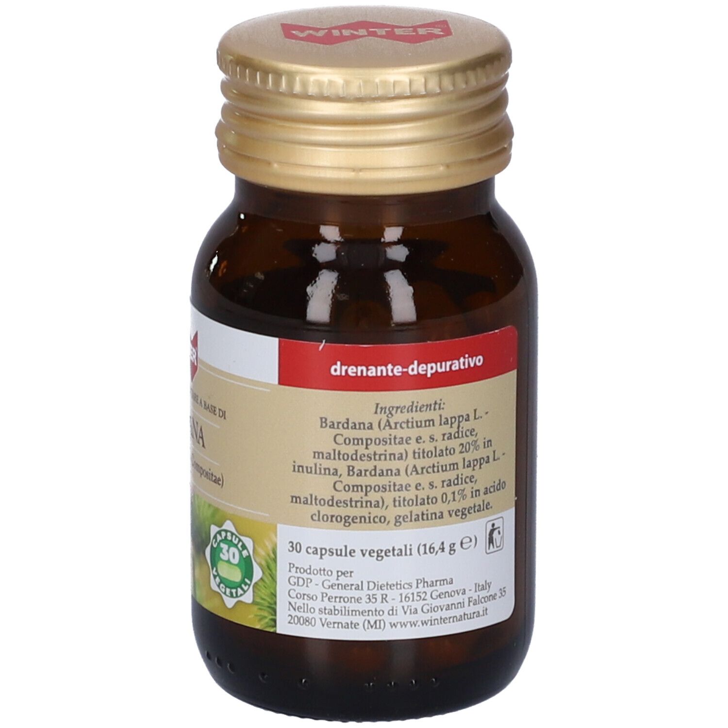 Flacone di vetro marrone con tappo dorato. Etichetta con ingredienti e informazioni sul prodotto.
