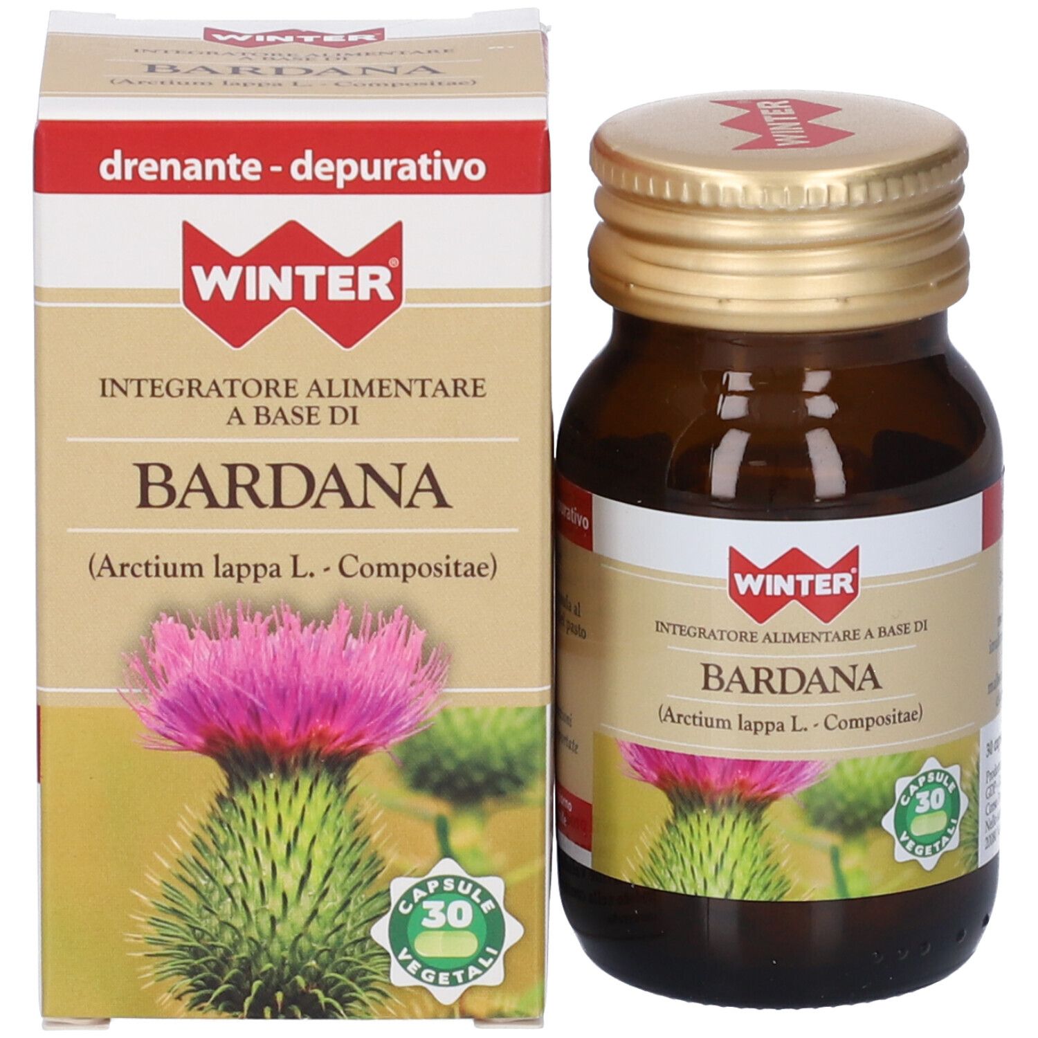 Flacone e scatola del prodotto. Scatola con nome e logo. Flacone con 30 capsule.