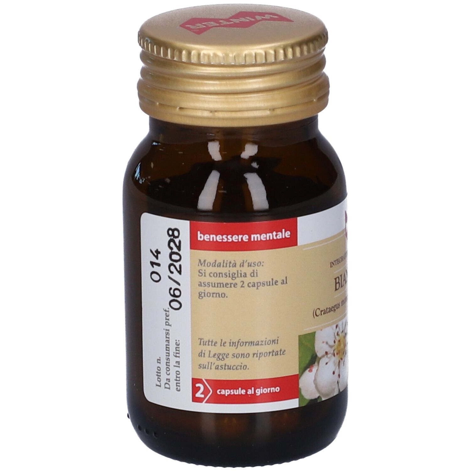 Flacone di vetro marrone con tappo dorato. Etichetta con informazioni sul prodotto e scadenza 06/2028.