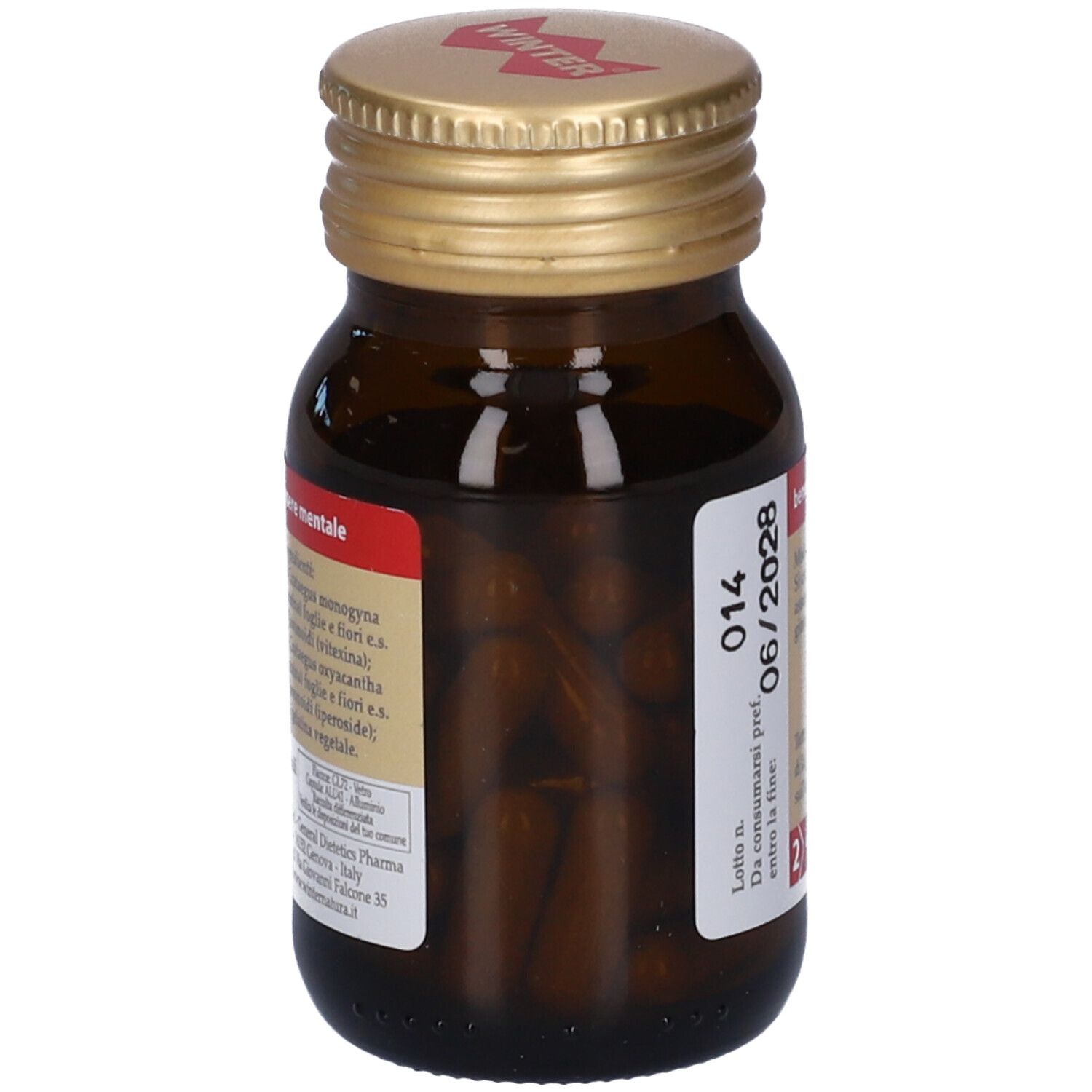 Flacone di vetro marrone con tappo dorato. Capsule visibili. Etichetta con informazioni e scadenza.