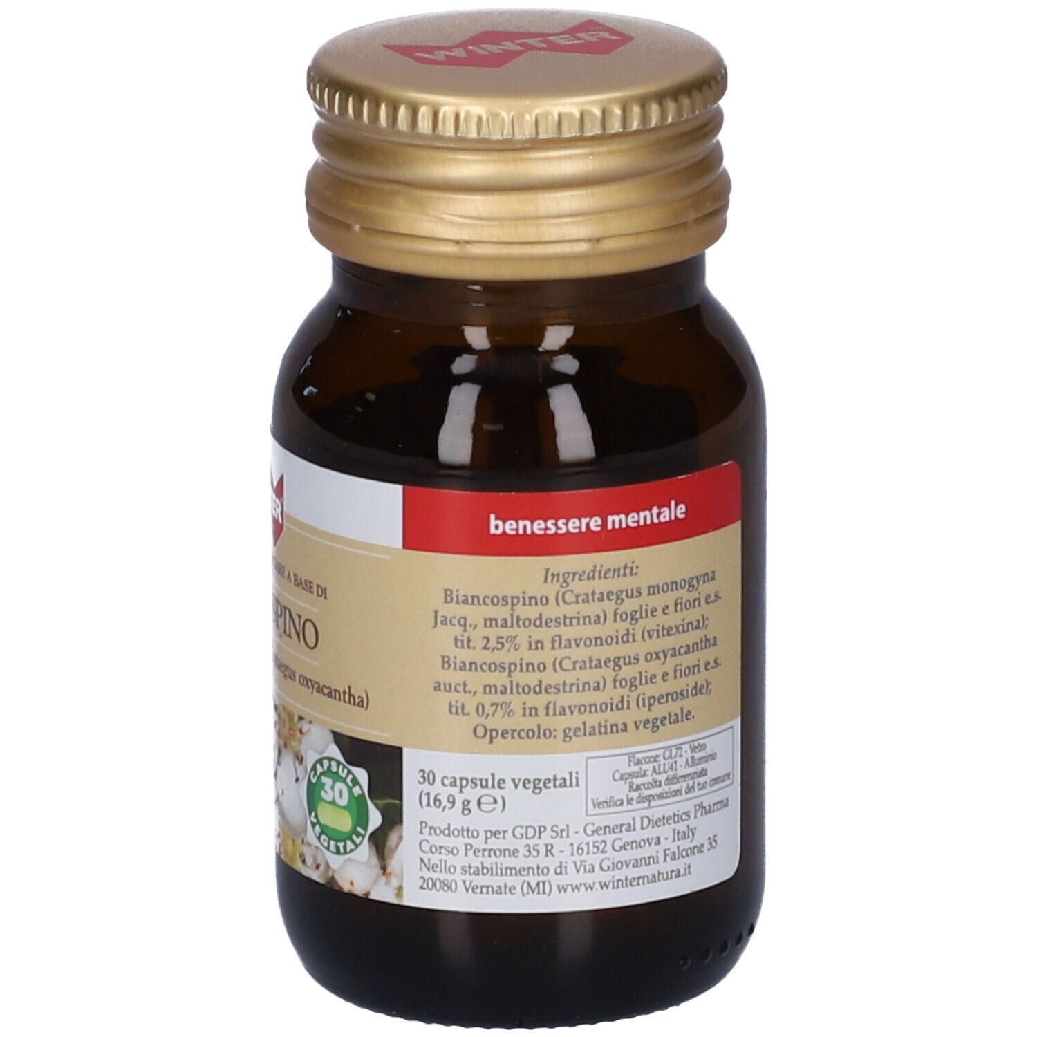 Flacone di vetro marrone con tappo dorato. Etichetta con ingredienti e informazioni. 30 capsule.